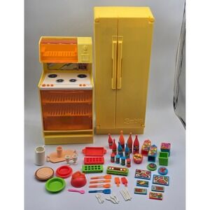 Vintage 1978 Barbie Mattel Yellow Refrigerator Stove Kitchen Playset Accessories